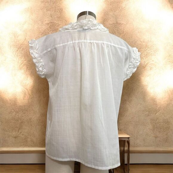 Vintage 70s Prairie Victorian Blouse Ruffle Ivory Collar Mock Medium M - Picture 3 of 7